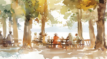 A Painting Depicting A Group Of Individuals Sitting Together At A Wooden Picnic Table Outdoors