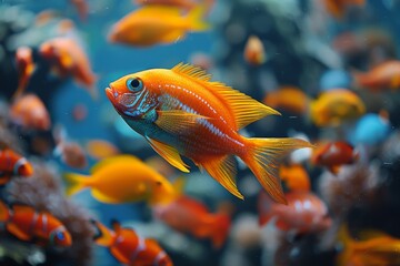 Poster - A bright orange fish with blue details swimming in harmony with a school of yellow fish