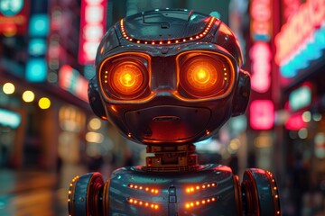 An intense stare from a black robot with haunting orange eyes amid vibrant city lights