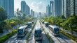 A modern city embracing self-driving buses and intelligent traffic management solutions to enhance mobility and reduce environmental impact