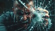 Angry guy breaks glass with his hand, concept of aggression or misfortune. Generative AI