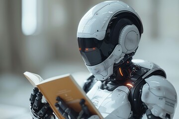 Poster - A highly-detailed humanoid robot with advanced armor design, reads a book, showcasing a blend of technology and intellect