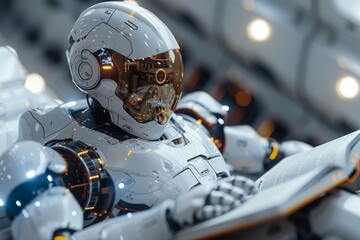 Poster - An intricate robot with a reflective golden visor, displaying a complex design indicative of high intelligence and futuristic vision