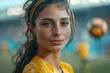 Close-up of a female soccer player with a determined look, representing empowerment and passion for sports