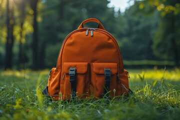 An orange backpack centrally placed on the vibrant green grass, lit by the warm sunlight filtering through trees