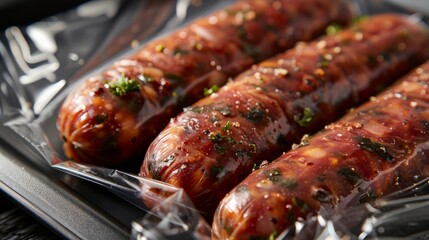 Sticker - Close-up of traditional Italian sausages sealed in plastic wrappers, showcasing their savory aroma and visual appeal