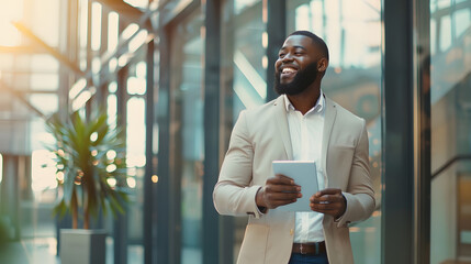 Aufkleber - Cheerful young bearded african american man manager walking by office building corridor holding modern digital tablet using mobile app for business looking at copy space and smiling pa : Generative AI
