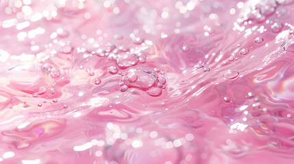Poster - Abstract summer banner background Transparent pink clear water surface texture with ripples splashes and bubbles Water waves in sunlight with copy space Cosmetics moisturizer micellar  : Generative AI