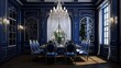 Sapphire Blue Dining Room:  an elegant dining room with walls in deep sapphire blue, white trim, and crystal chandeliers, creating a luxurious and inviting space for entertaining