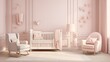 Soft Blush Pink Nursery:  a gentle nursery with blush pink walls, white crib and furniture, and hints of gold, creating a delicate and nurturing environment for the little one
