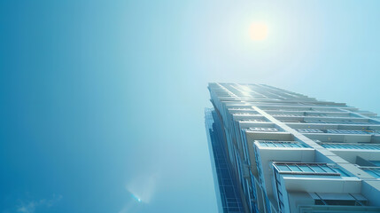 Poster - Blue sky background wallpaper copy space architecture white urban design exterior construction facade structure tower view building house built downtown cityscape futuristic skycraper  : Generative AI
