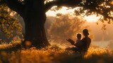 Fototapeta  - Happy Mother's day concept, mother reading fairy tale book to daughter under oak tree outside in meadow golden hour sunset, mom and little girl bonding relationship sitting together in park in summer