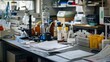The lab is cluttered with a variety of laboratory equipment, including test tubes, beakers, microscopes, and research papers