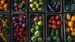 Various types of vibrant fruits and vegetables neatly organized in wooden boxes, showcasing a range of colors and freshness