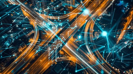 Wall Mural - High-angle shot of a citys network of roads at night, enhanced with data visualization elements representing infrastructure