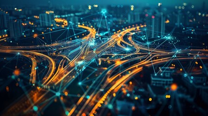 Wall Mural - High-angle shot of a city at night, showing a maze of roads and highways illuminated, overlaid with data visualization elements symbolizing LBj