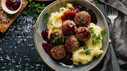 Wall Mural - A bowl filled with Swedish meatballs and mashed potatoes topped with lingonberry sauce, displayed in a top view flat lay setting