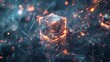 A chrome cube floating in space, its surface covered in a complex network of glowing lines symbolizing blockchain connections.3D rendering