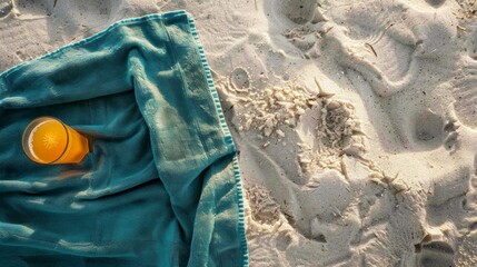 a folded beach towel on the sand with a drink next to it on the sand shot from above --ar 16:9 Job ID: 11a34e96-b20b-4c84-9a0d-7a1159e8f7ee