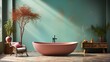 pink bathtub in front of green wall with plants