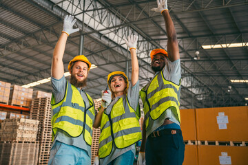 Wall Mural - Group of various national engineer professional successful team corporate workers standing in factory, teamwork technician inspector of manufacturing industry workplace, foreman occupation job