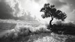 A dramatic black and white photo of a lone, gnarled tree silhouetted against a tumultuous ocean with crashing waves.3D rendering