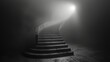 A dramatic black and white photo of a lone, winding staircase leading upwards into a thick fog, with a single light source at the top.3D rendering