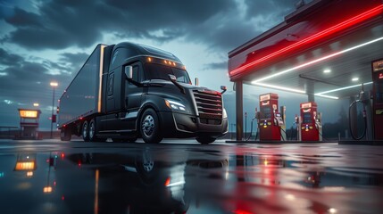 a commercial closeup shot showcasing a semi truck parked at a gas station, emphasizing the brand log