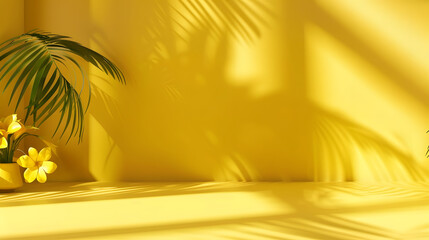 Abstract yellow color gradient studio background for product presentation Empty room with shadows of window and flowers and palm leaves  3d room with copy space Summer concert Blurred  : Generative AI