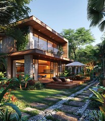 Wall Mural - The modern house in the tropical forest