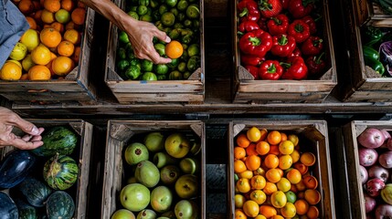 Wall Mural - Wooden crates filled with different types of fresh fruits and vegetables, with a person reaching in to pick a piece