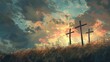 three wooden crosses on a hill good friday christian religious illustration with dramatic sky