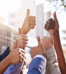 Aufkleber - Business people, hands, thumbs up and teamwork for agreement, collaboration and support at work. Hand of group, yes sign, and thank you for community help, success and solidarity with lens flare