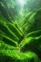 Wall Mural - Aerial view of lush agricultural fields along river, digital illustration with matte painting