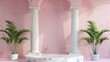 ancient greek white marble podium with pillars and potted plants on pastel background