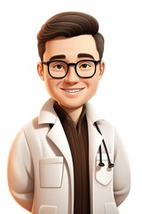 Wall Mural - Illustration of a young male doctor with brown hair and glasses wearing a white coat and stethoscope