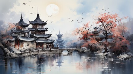 Wall Mural - An illustration of a Chinese landscape with a lake, bridge, and pagoda