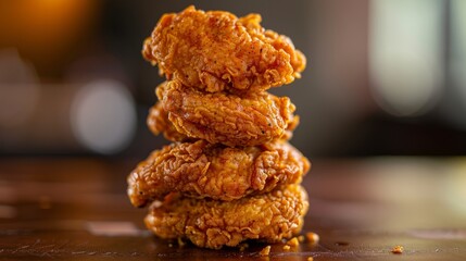 Wall Mural - A stack of crispy fried food, including chicken pieces, arranged neatly on a wooden table