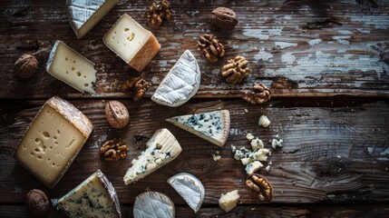 Sticker - Various cheeses and nuts are artfully arranged on a weathered wooden table