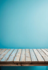 Poster - Light blue background with an empty wooden table and plenty of room for your branding and copy. Use as a montage for a product display. Vintage style concept