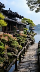 Wall Mural - Japanese traditional house and garden near lake