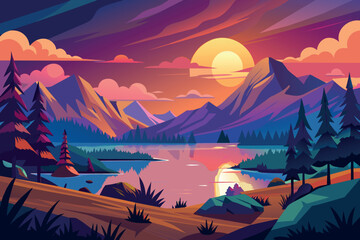 Wall Mural - Sunset Lake Landscape cartoon vector Illustration flat style artwork concept