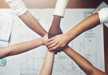 Aufkleber - Architecture, blueprint and hands of business people in office from above for collaboration or support. Meeting, planning and team building with employee group in workplace for floorplan design