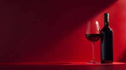 Poster - Bottle and glass of red wine on a red background Copy space : Generative AI