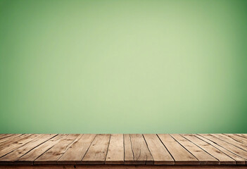 Poster - Light green background with an empty wooden table and plenty of room for your branding and copy. Use as a montage for a product display. Vintage style concept
