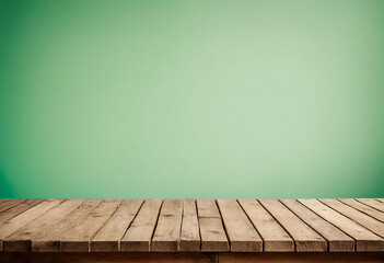 Poster - Light green background with an empty wooden table and plenty of room for your branding and copy. Use as a montage for a product display. Vintage style concept