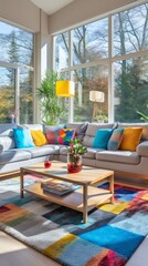 Wall Mural - Modern living room interior with large windows and colorful furniture