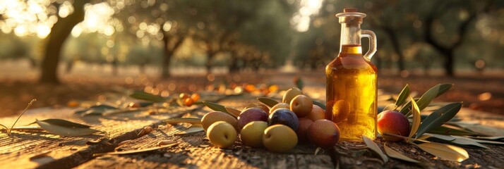 Wall Mural - Golden olive oil bottles in rural field with morning sun, wide banner with leaves and fruits
