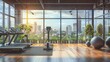 modern loft gym interior with fitness equipment and city view healthy lifestyle concept