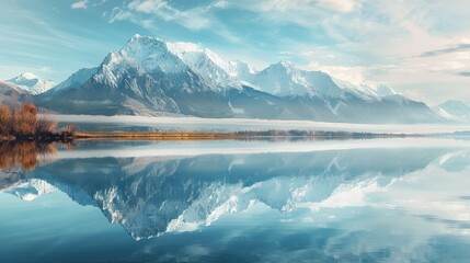 Sticker - Reflection of snow capped mountains on a calm lake